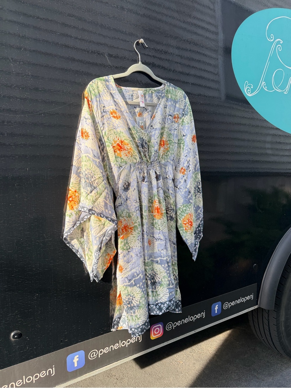 India Boutique Floral Tunic Dress in Light Blue, Orange, Green